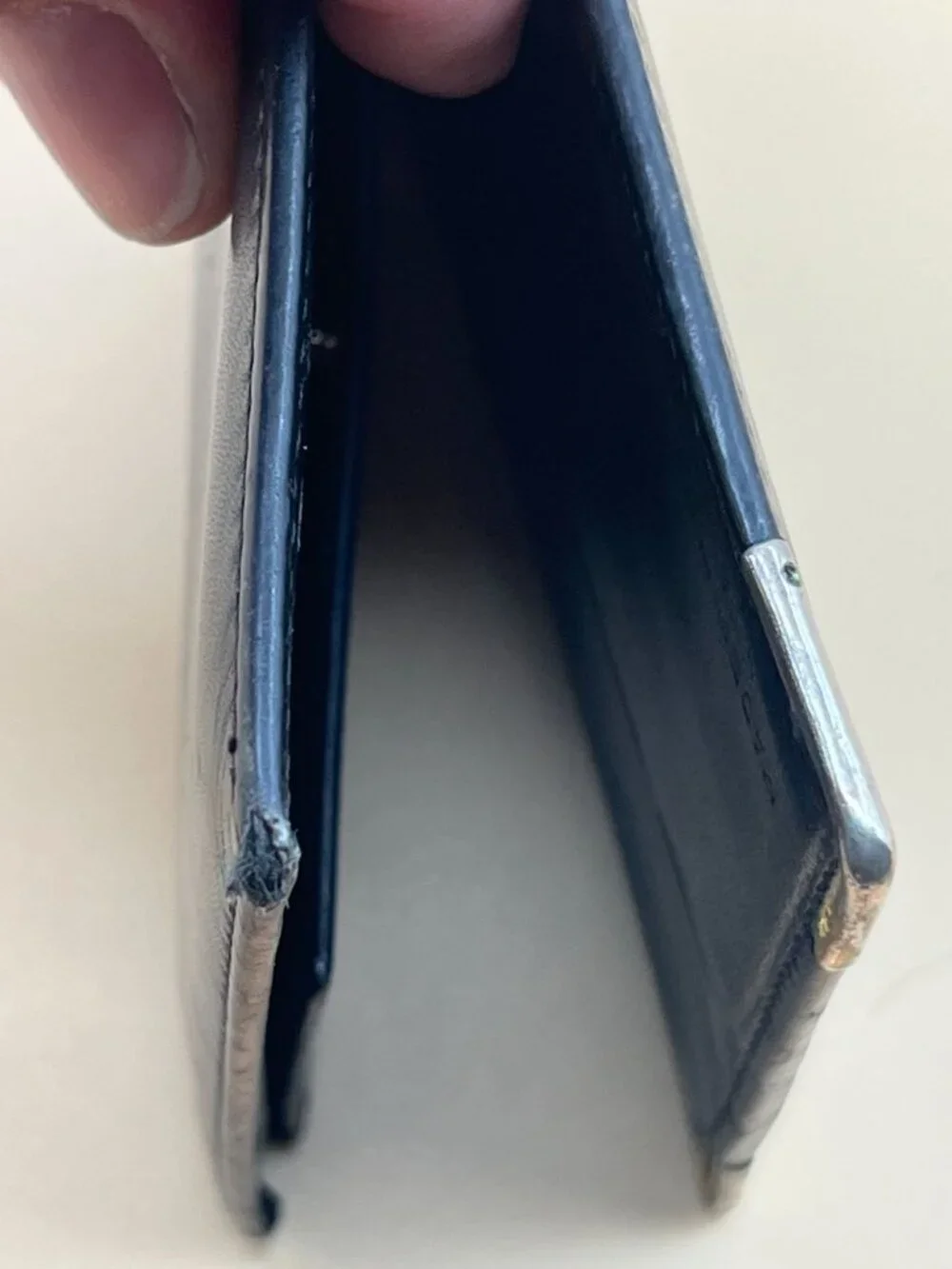 Celine Paris Black Leather Bifold Wallet Embossed Blason Logo Metal Corner Caps